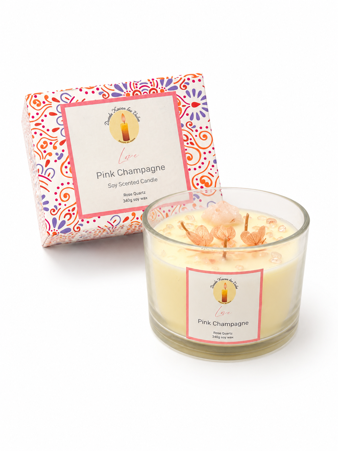 Velas Aromáticas Pink Champagne, Cuarzo Rosa 340 Grs.