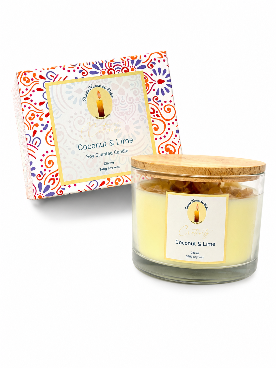 Velas Aromáticas Coco Y Limon, Cuarzo Citrino 340 Grs