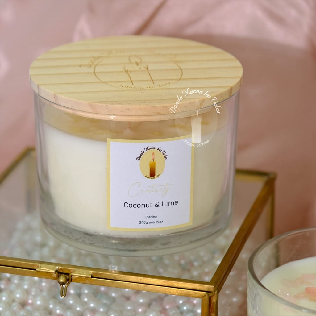 Velas Aromáticas Coco Y Limon, Cuarzo Citrino 340 Grs