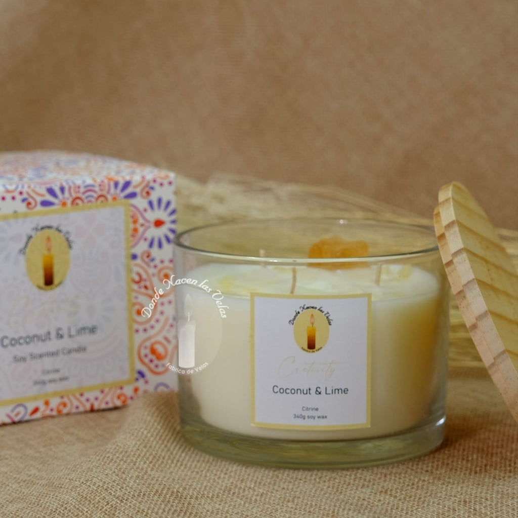 Velas Aromáticas Coco Y Limon, Cuarzo Citrino 340 Grs